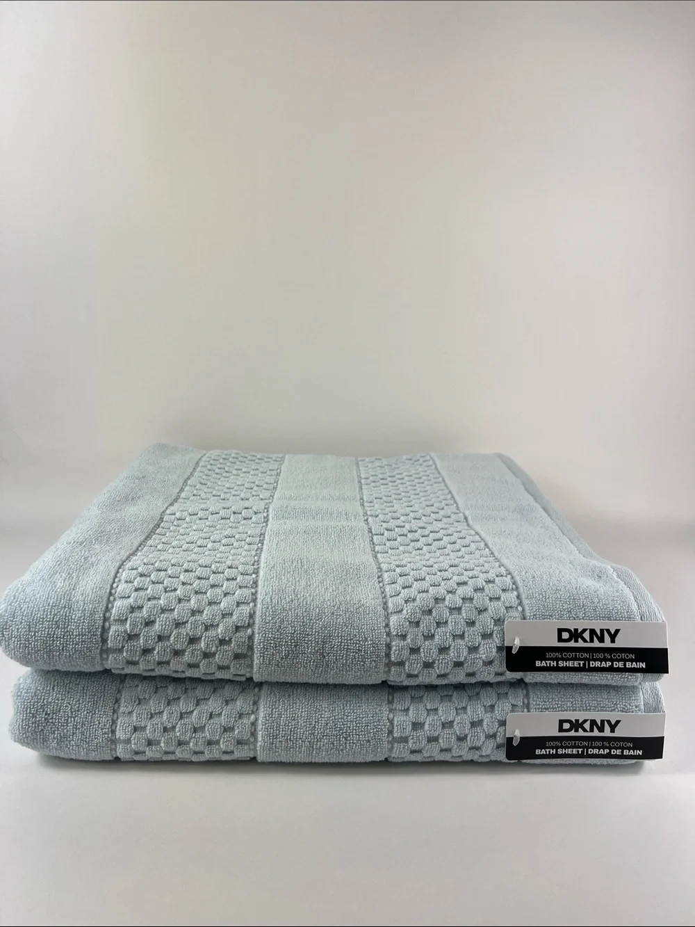 DKNY Bath Sheet Set 2 Pale Blue Towels Plush Cotton Quick Dry Zero Twist NEW